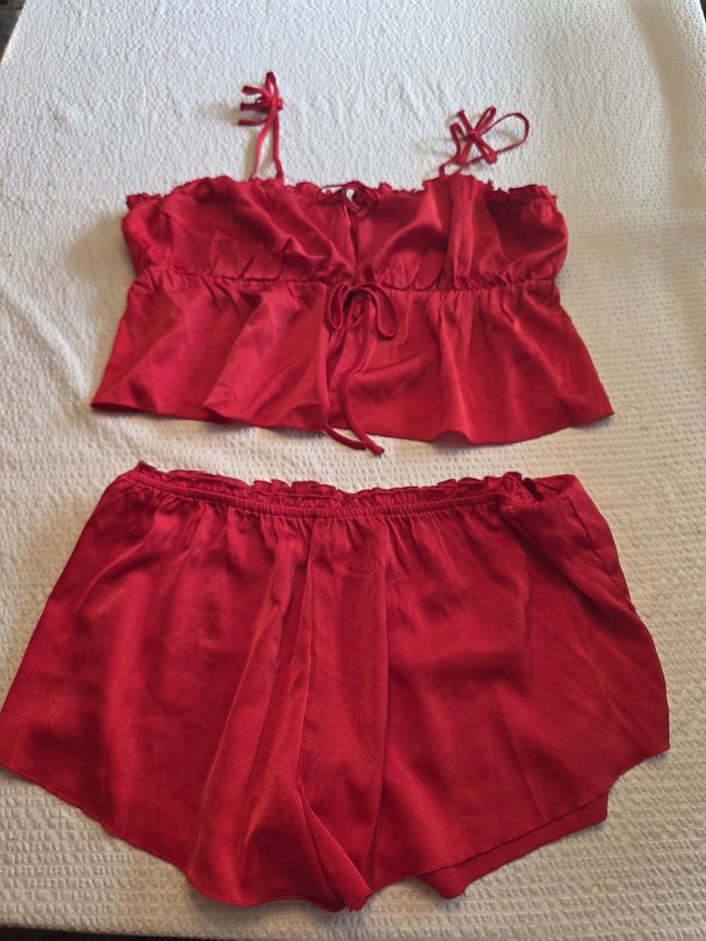 No Boundaries Red Satin Tie-Front Cami & Shorts Sleep Set L